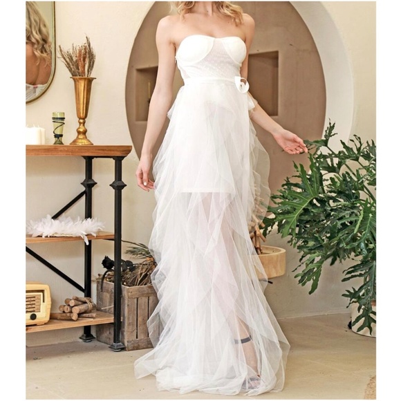 Boho Nude Pink mesh ruffle maxi dress wedding Prom - Picture 3 of 8